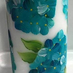 Hand Painted teal blue hydrangea pillar candle