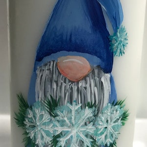 Hand painted winter snowflake gnome pillar candle