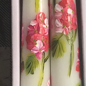 Hand painted geranium taper candles