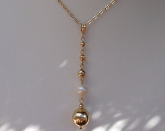 Ypsilon Gold Chain, 14K Gold Filled Y-Chain Pearl and Balls,