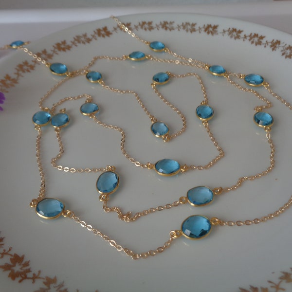 Long gold chain with hydro blue topaz, 585 gold filled, endless