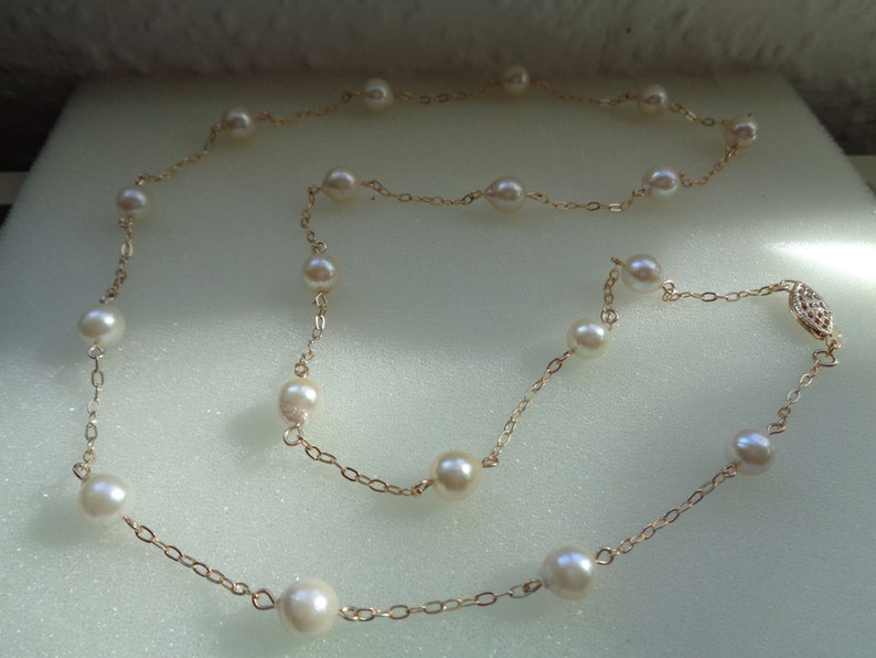 Gold chain, 585 gold filled, long, with cultured pearls image 1