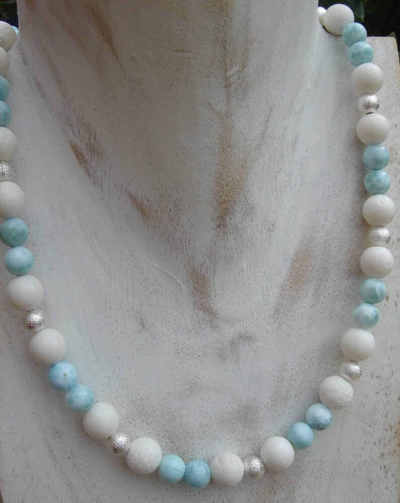 Necklace with Larimar, white coral, silver image 2