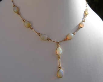 Opal chain, Y chain, gold, 585 gold filled