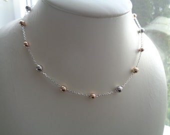 Necklace Tricolor, Gold Filled, Silver, with balls, LU-0180
