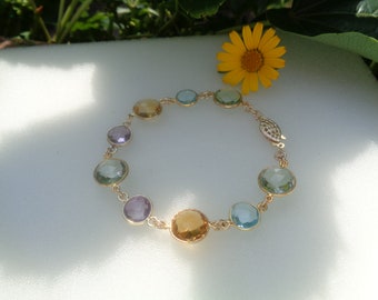 Bracciale in oro con ametista, citrino, topazio blu, placcato oro 14 carati, LU-0159