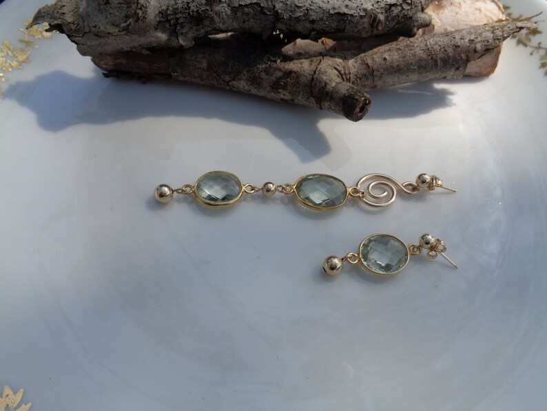 Extravagant earrings with green amethyst, 585 gold filled, in two lengths image 7