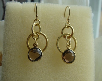 Gold earrings, 14K gold filled, infinity rings, smoky quartz