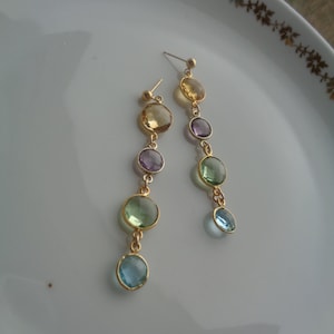 Gold earrings with amethyst, citrine, prasiolite, blue topaz, 585 gold filled, LU-0165