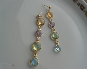 Gold earrings with amethyst, citrine, prasiolite, blue topaz, 585 gold filled, LU-0165