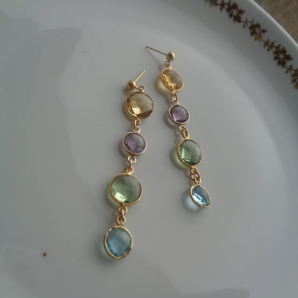 Gold Ohrringe mit Amethyst, Citrin, Prasiolith, Blautopas, 585 Gold Filled