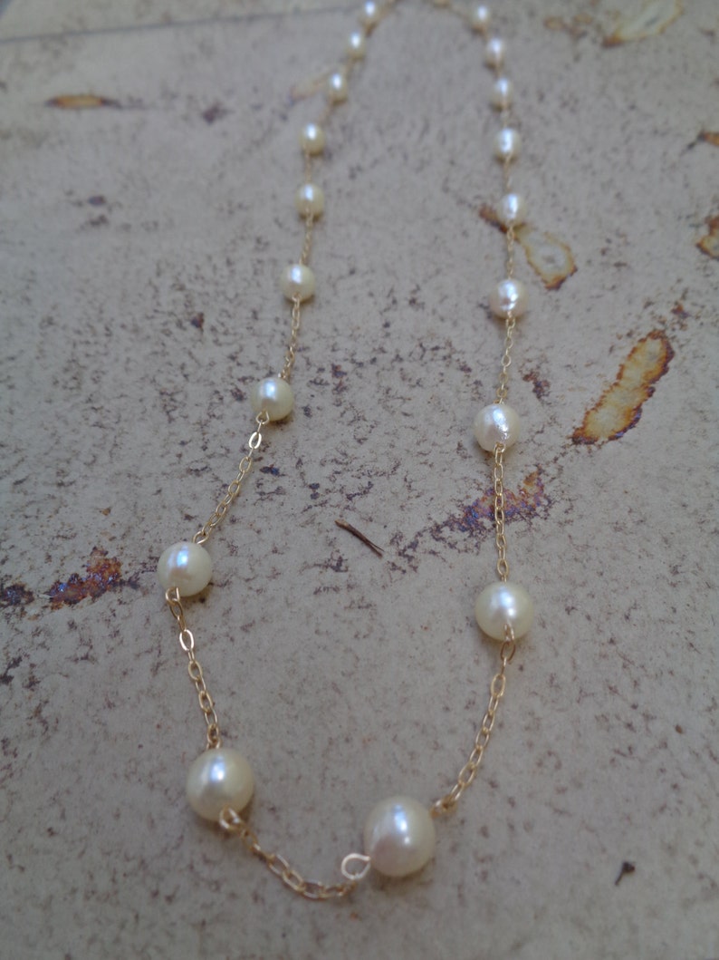 Gold chain, 585 gold filled, long, with cultured pearls image 2