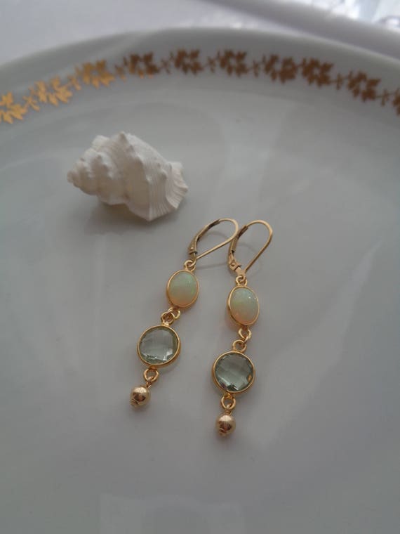 585 Gold Filled Gold Ohrringe mit Opal und grünem Amethyst 585 Gold Filled Gold Ohrringe mit Opal und grünem Amethyst