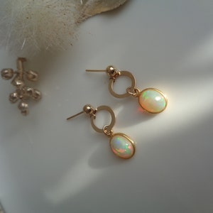 Könnte beinhalten: Ein Paar goldene Ohrringe mit Opal-Steinen. Die Ohrringe haben ein schlichtes Design mit einem kleinen Kreis und einem tropfenförmigen Opal.