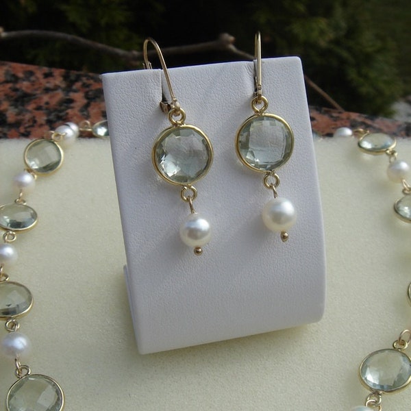 Earrings with green amethyst and freshwater breeding pearls, 585-er Goldfilled! Very extraordinary!