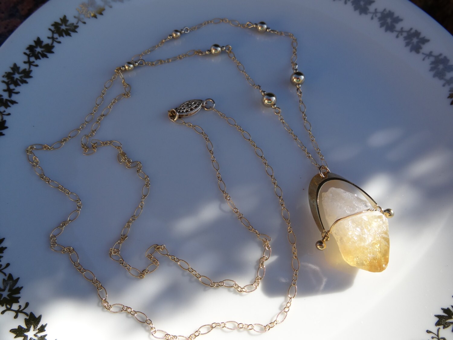 9.5 carati in oro bianco 14 K solido collana con ciondolo naturale Pointy citrino briolette, Oro bianco, cod. 4657W_14