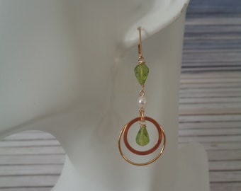 Long gold earrings, gold filled, with peridot and rings