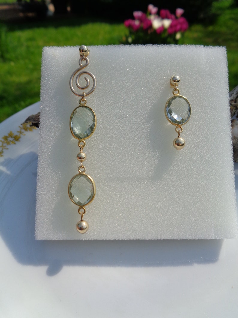 Extravagant earrings with green amethyst, 585 gold filled, in two lengths image 5
