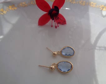 Gold earrings, gold-plated and gold-filled with crystal glass in blue