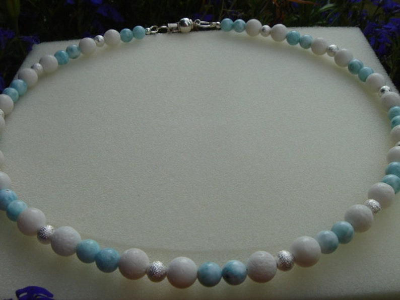 Necklace with Larimar, white coral, silver image 1