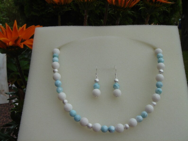 Necklace with Larimar, white coral, silver image 3