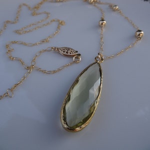 Long Gold Chain, 585 Gold Filled, Prasiolite Pendant, LU-0118