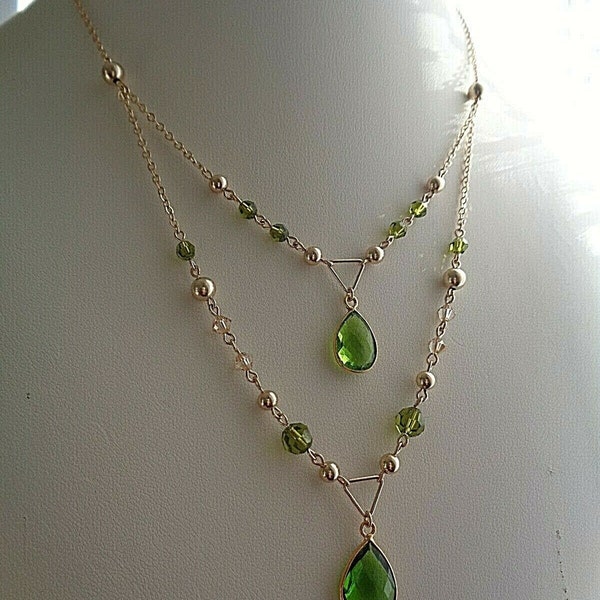 Goldkette, mit Peridot-Quarz, Swarovski ELEMENTS, Gold Filled, zweireihig