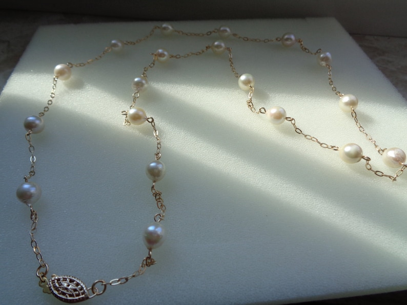 Gold chain, 585 gold filled, long, with cultured pearls image 3