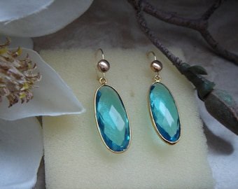 Gold earrings with blue topaz quartz, 585 gold filled