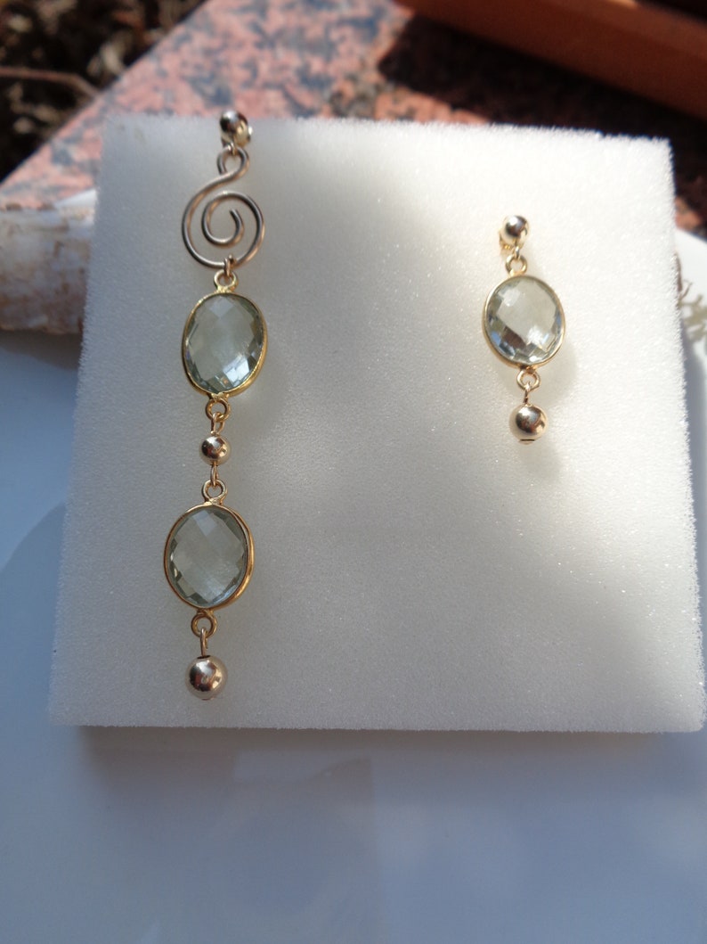 Extravagant earrings with green amethyst, 585 gold filled, in two lengths image 2