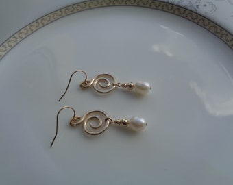 Gold earrings with pearl on spiral, gold filled