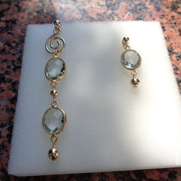 Extravagant earrings with green amethyst, 585 gold filled, in two lengths