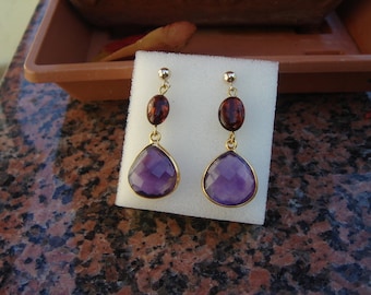 Boucles d'oreilles en or améthyste, ambre, goldfilled 14 carats