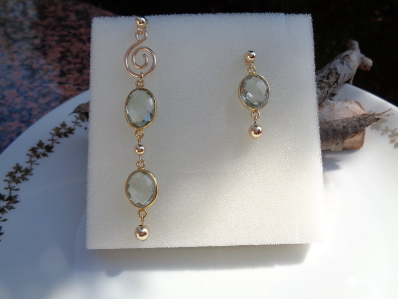 Extravagant earrings with green amethyst, 585 gold filled, in two lengths image 4