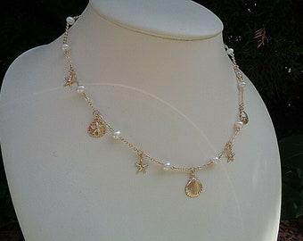 Gold chain with pearls and ocean charms, 585 gold filled