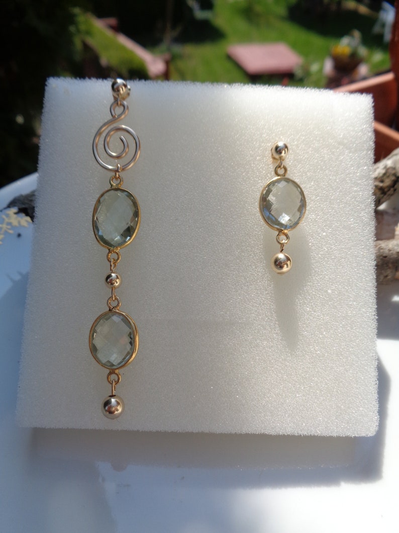 Extravagant earrings with green amethyst, 585 gold filled, in two lengths image 3