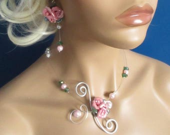 Halskette + Ohrringe "Mila" Keramik Blumen und Kristallperlen