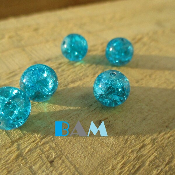 Lot de 5 perles craquelées en verre turquoises 10 mm