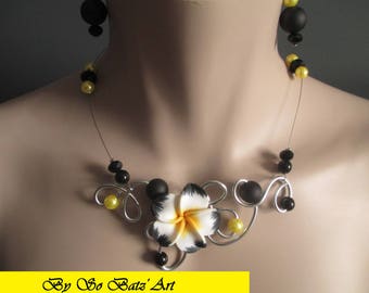 Collier + boucles "Abeille" Fleur et perles noires et jaunes