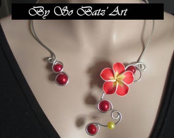 Halskette + Ohrringe "Piment" Blume und rote und gelbe Perlen