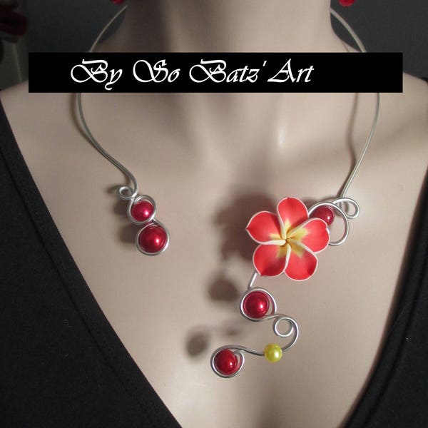 Collier + boucles "Pimientos" fleur et perles rouges et jaunes