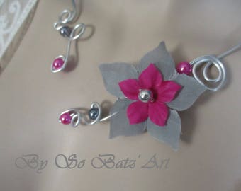 Collier + boucles "Rosy" fleurs de soie grise et fushia