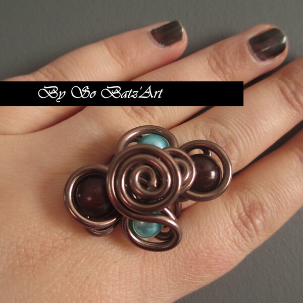 Bague "Brown blue" perles magique marron et turquoise 60-61