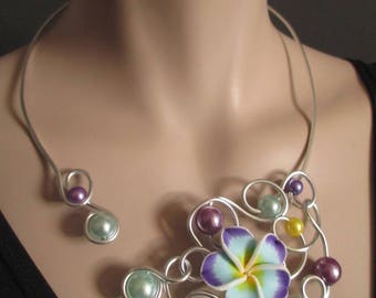 Collier + boucles "Violette" fleur et perles tons bleu et violet