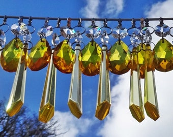 12 OR 20 Orange Yellow Cognac Chandelier Drops Glass Crystals Droplets Vintage Christmas Tree Wedding Decorations Lamp Spares Parts Beads