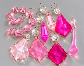 8 tipos de gotas rosas de 1.5" a 2" Prismas Lámpara de araña Cuentas de vidrio Cristales Decoraciones antiguas para bodas y Navidad Prismas Gotas Estilo vintage chic