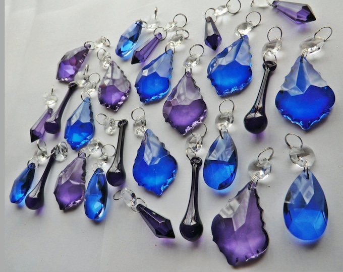 25 Gothic Purple & Blue Chandelier Drops Glass Crystals Droplets Beads Vintage Christmas Tree Wedding Decorations Prisms Retro Light Parts