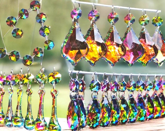 Choice of 4 Shapes Rainbow Vitrail Chandelier Glass Light Crystals Droplets Wedding Decoration Beads Christmas Tree Iridescent Prisms Retro