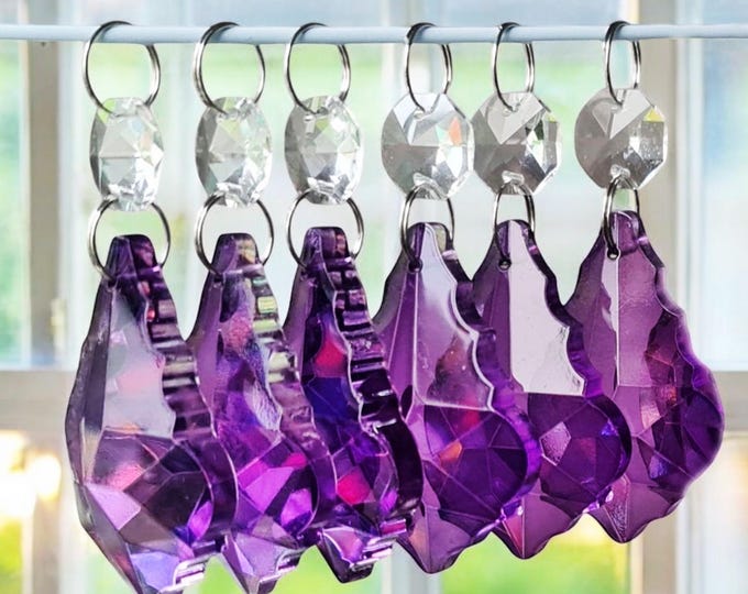Purple Chandelier Drops Cut Glass Crystals Droplets Leaf Beads Window Sun Catchers Christmas Tree Wedding Decorations Lighting Lamp Parts