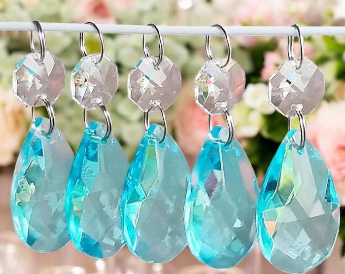Aqua Teal Blue Art Deco Colour Christmas Wedding Hanging Window Decorations Chandelier Drops Cut Glass Crystals Droplets Oval Almond Beads